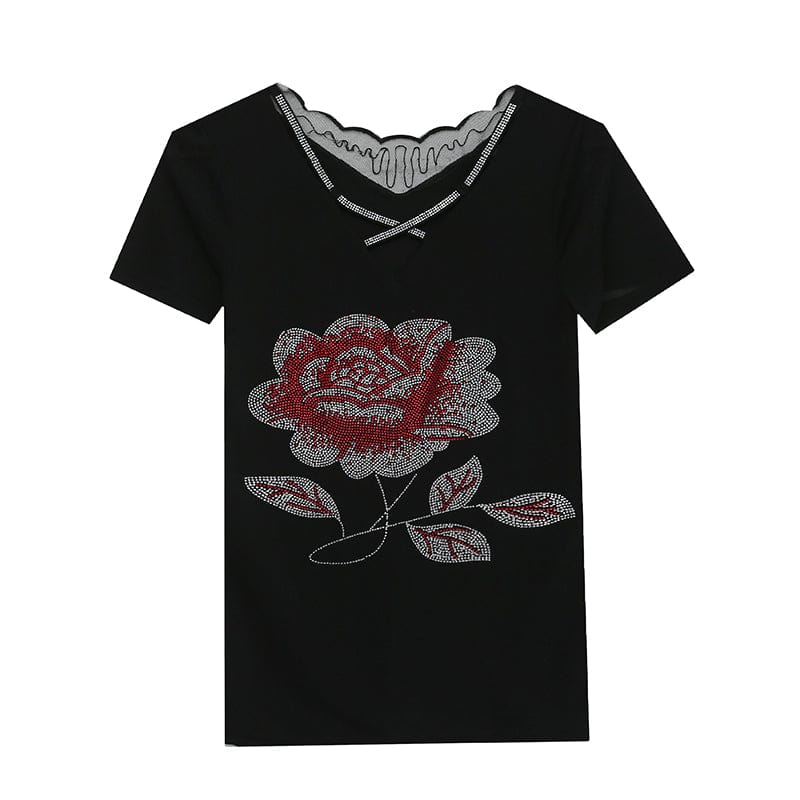 Black Mesh T-Shirt Women V-neck Handmade Diamonds Beading Big Flowers Slim Women Tops Tees Short Sleeve Summer T25904