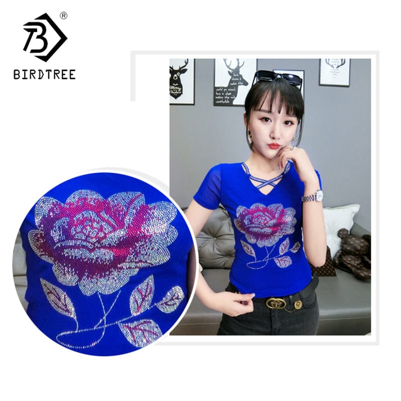 Black Mesh T-Shirt Women V-neck Handmade Diamonds Beading Big Flowers Slim Women Tops Tees Short Sleeve Summer T25904