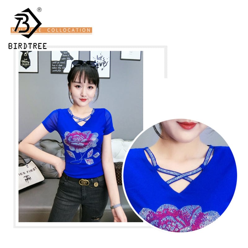 Black Mesh T-Shirt Women V-neck Handmade Diamonds Beading Big Flowers Slim Women Tops Tees Short Sleeve Summer T25904