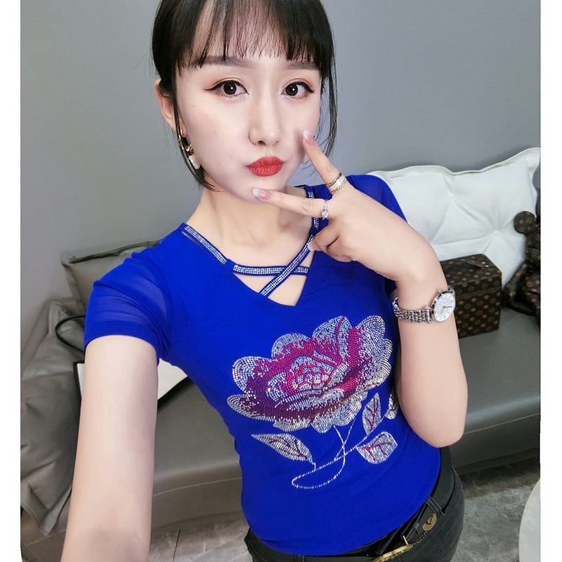 Black Mesh T-Shirt Women V-neck Handmade Diamonds Beading Big Flowers Slim Women Tops Tees Short Sleeve Summer T25904