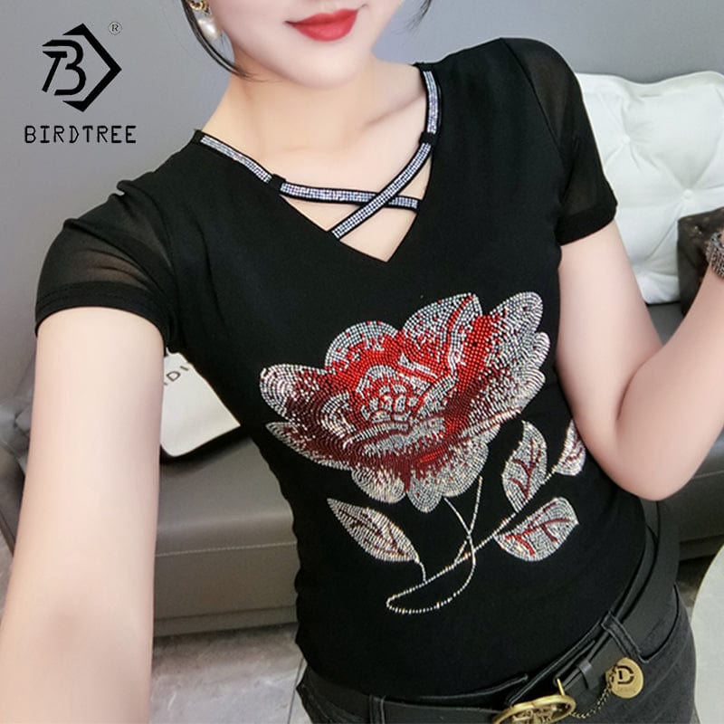 Black Mesh T-Shirt Women V-neck Handmade Diamonds Beading Big Flowers Slim Women Tops Tees Short Sleeve Summer T25904