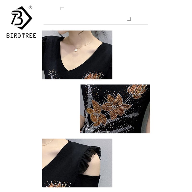 Black Mesh T-Shirt Women V-neck Handmade Diamonds Beading Flowers Off-shoulder Ruffles Tops Tees Short Sleeve Summer T25903