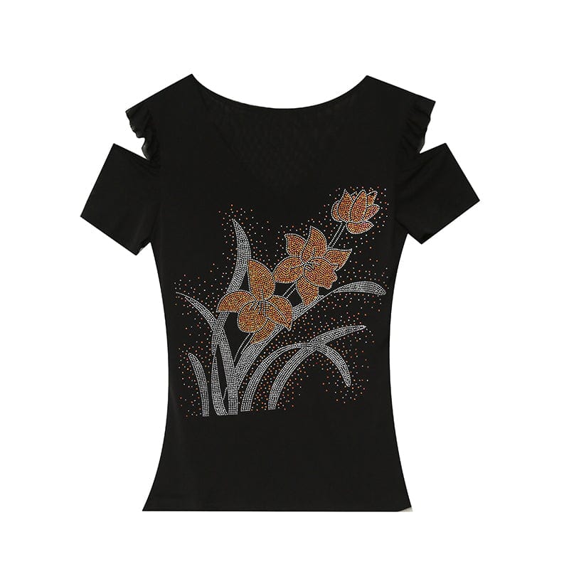 Black Mesh T-Shirt Women V-neck Handmade Diamonds Beading Flowers Off-shoulder Ruffles Tops Tees Short Sleeve Summer T25903