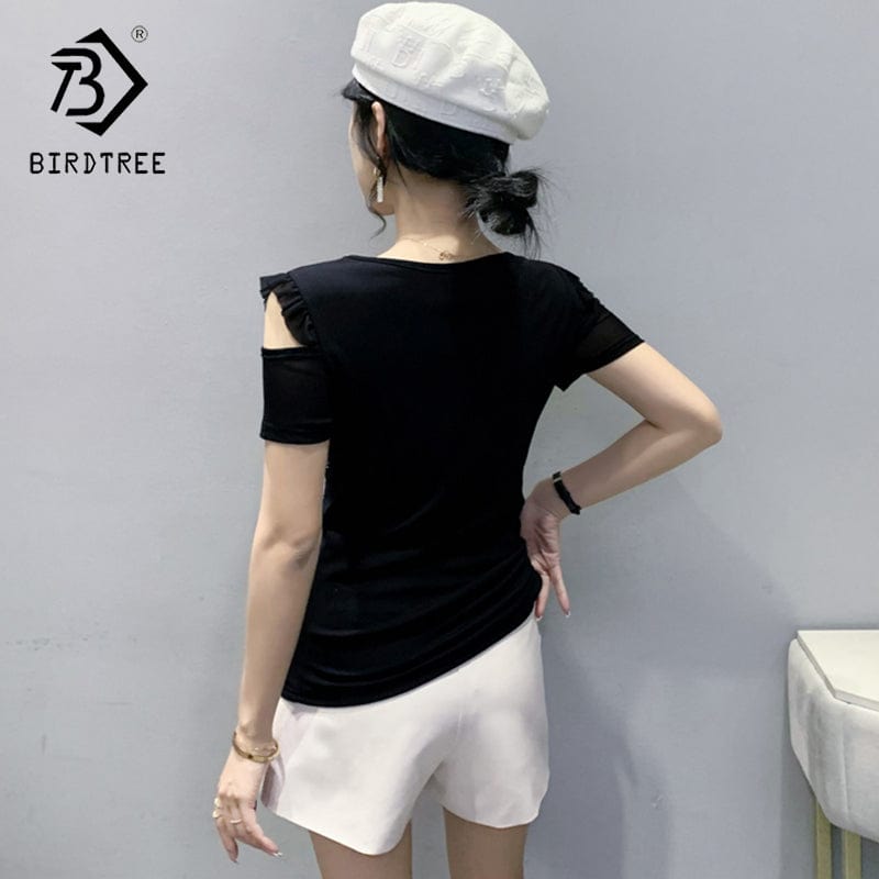 Black Mesh T-Shirt Women V-neck Handmade Diamonds Beading Flowers Off-shoulder Ruffles Tops Tees Short Sleeve Summer T25903