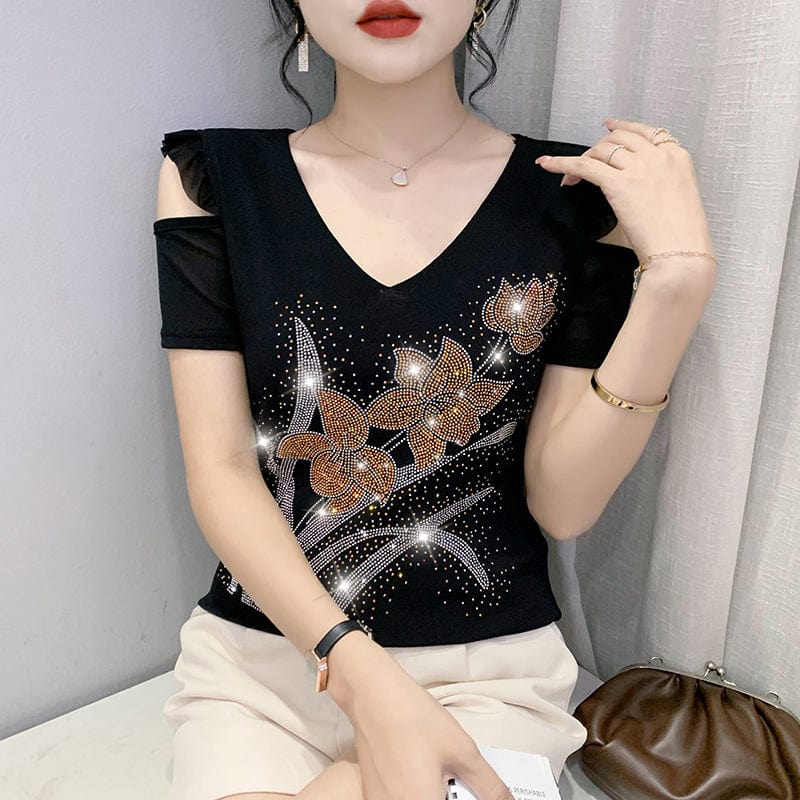 Black Mesh T-Shirt Women V-neck Handmade Diamonds Beading Flowers Off-shoulder Ruffles Tops Tees Short Sleeve Summer T25903