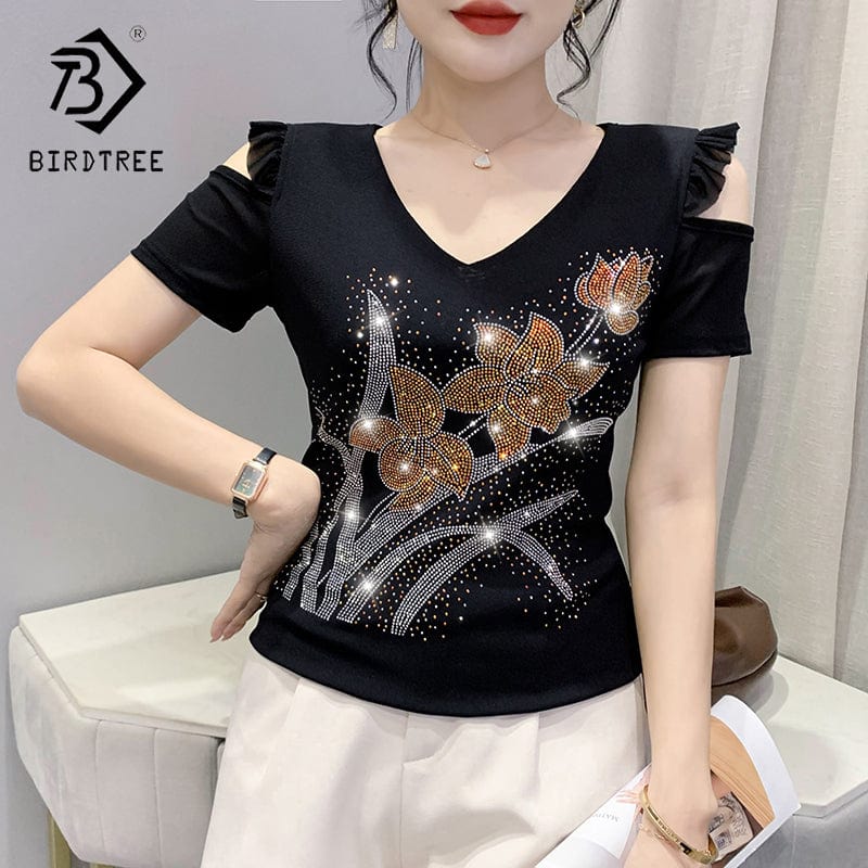 Black Mesh T-Shirt Women V-neck Handmade Diamonds Beading Flowers Off-shoulder Ruffles Tops Tees Short Sleeve Summer T25903