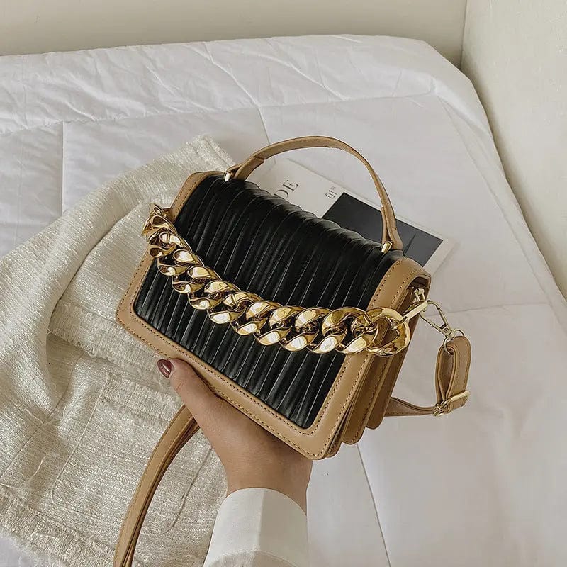 black New Style Pleated Golden Acrylic Chain Small Square Texture Retro Flap Handbags