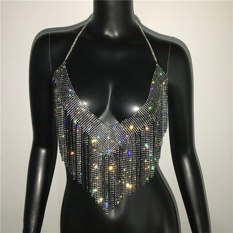 black / One size fit all SHIHAN 7 Colors New arrival diamante chainmail neck top bra body chain jewelry for women sparkle bras body jewelry