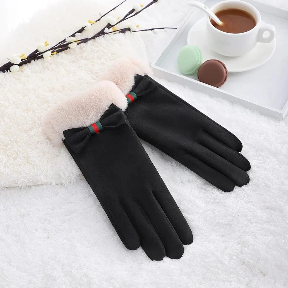 Black Outdoor cute bow comfortable lining winter windproof touch screen fashion gloves for women