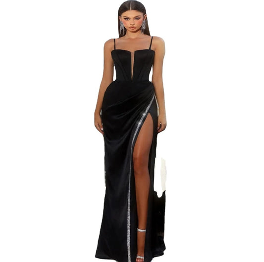 Black Party Gowns 2024 Sexy Spaghetti Strap Mermaid Satin Evening Dress With High Split Side