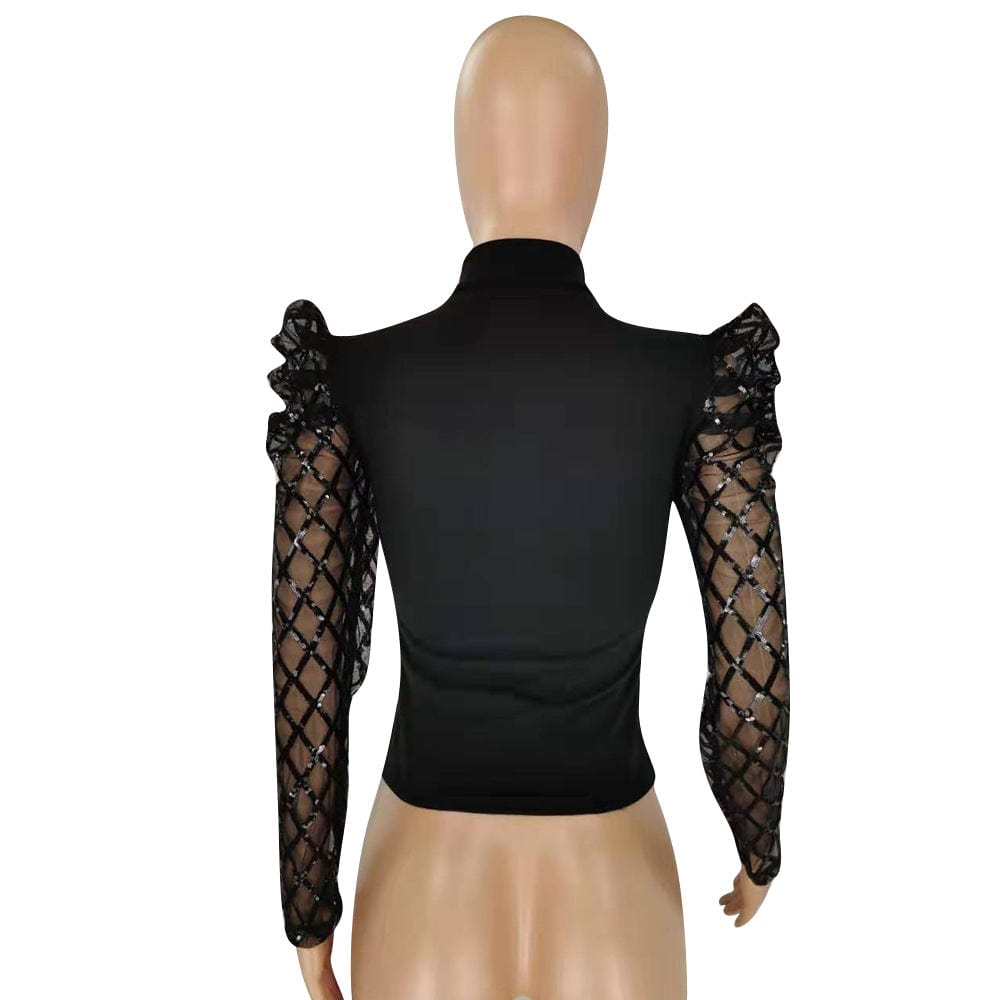 Black Patchwork Long Sleeves See Through Plaid High Collar Lady Club Blouses