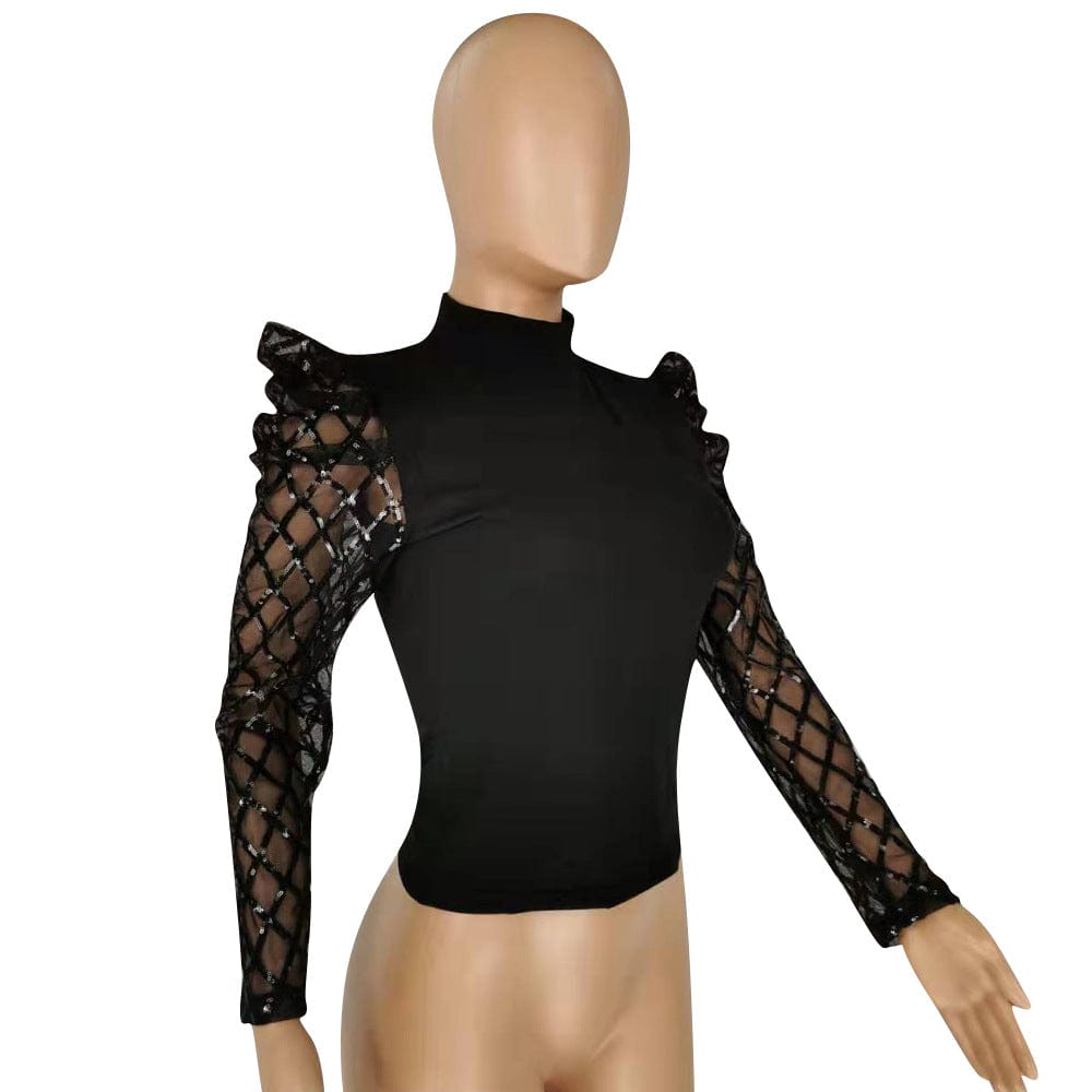 Black Patchwork Long Sleeves See Through Plaid High Collar Lady Club Blouses