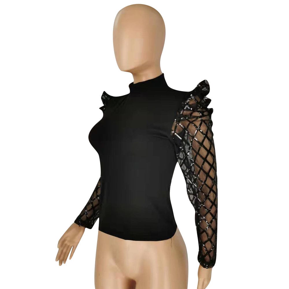 Black Patchwork Long Sleeves See Through Plaid High Collar Lady Club Blouses