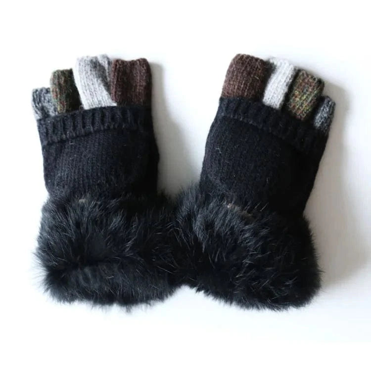 Black Phone Touch Screen Cheap Wool Half Finger Fingerless Work Mitten Winter Fur Knit Mitten