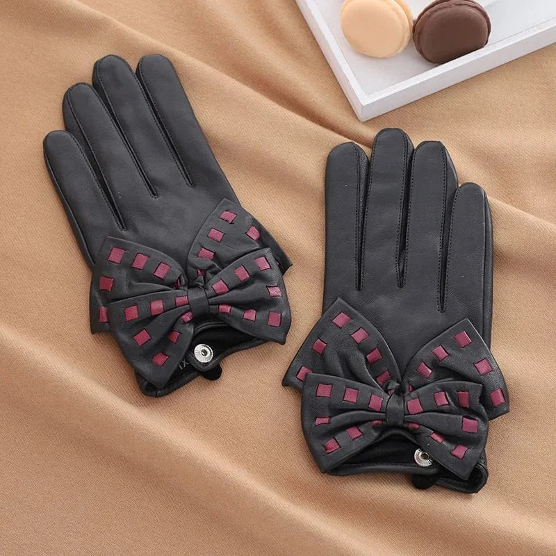 Black red dot Fashion girls touchscreen bow leather yellow sheepskin gloves