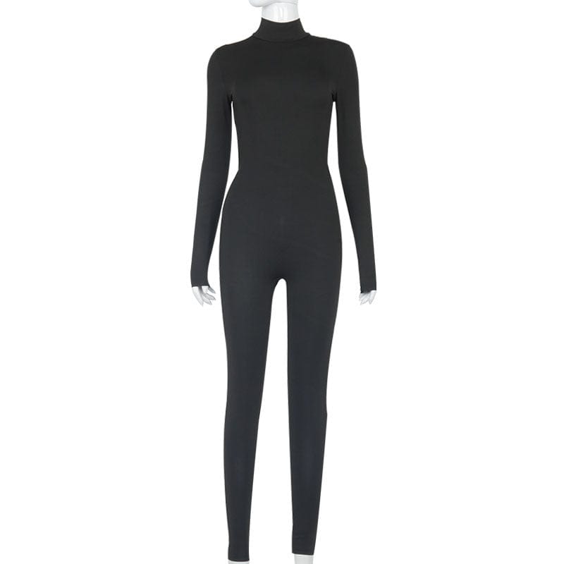 Black Rompers Playsuit  Long Sleeve Bodysuit One Piece Jumpsuits Zipper Fitness Loungewear Women