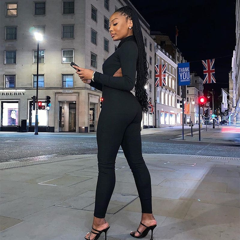Black Rompers Playsuit  Long Sleeve Bodysuit One Piece Jumpsuits Zipper Fitness Loungewear Women