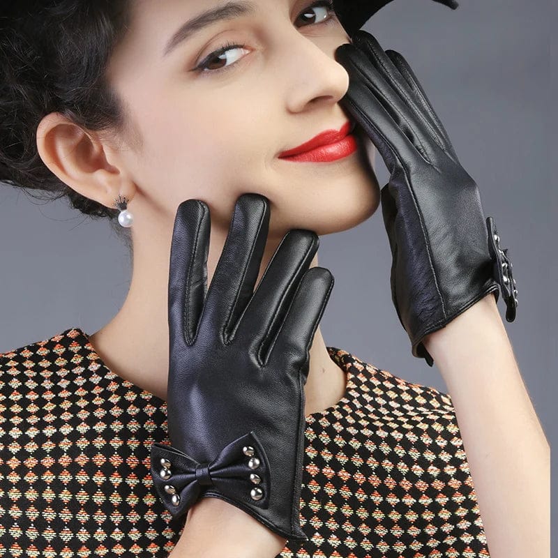 Black Sexy lady smartphone nails women dress sheepskin leather gloves with bow