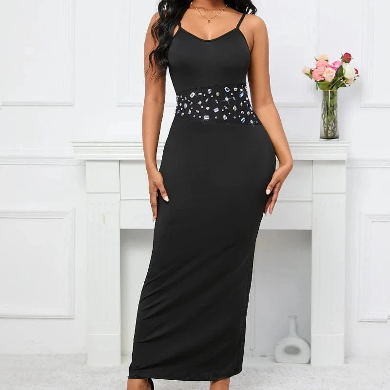 Black Sleeveless Rivet Sashes Split Sexy Strap Lady Club Dress