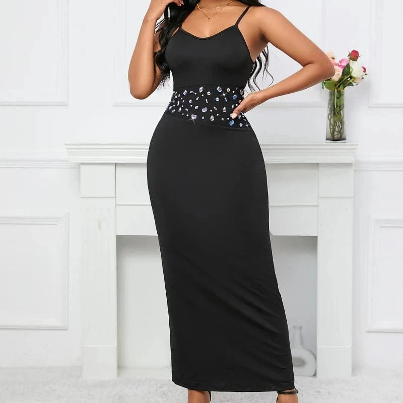 Black Sleeveless Rivet Sashes Split Sexy Strap Lady Club Dress