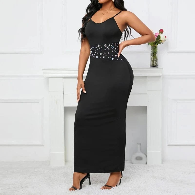 Black Sleeveless Rivet Sashes Split Sexy Strap Lady Club Dress