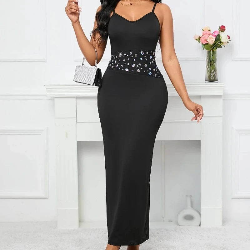 Black Sleeveless Rivet Sashes Split Sexy Strap Lady Club Dress