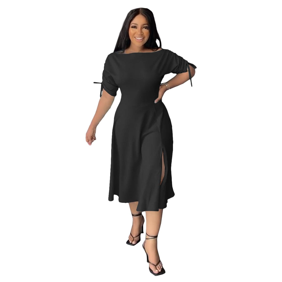 Black Solid Color Off Shoulder Split Swing Dresses