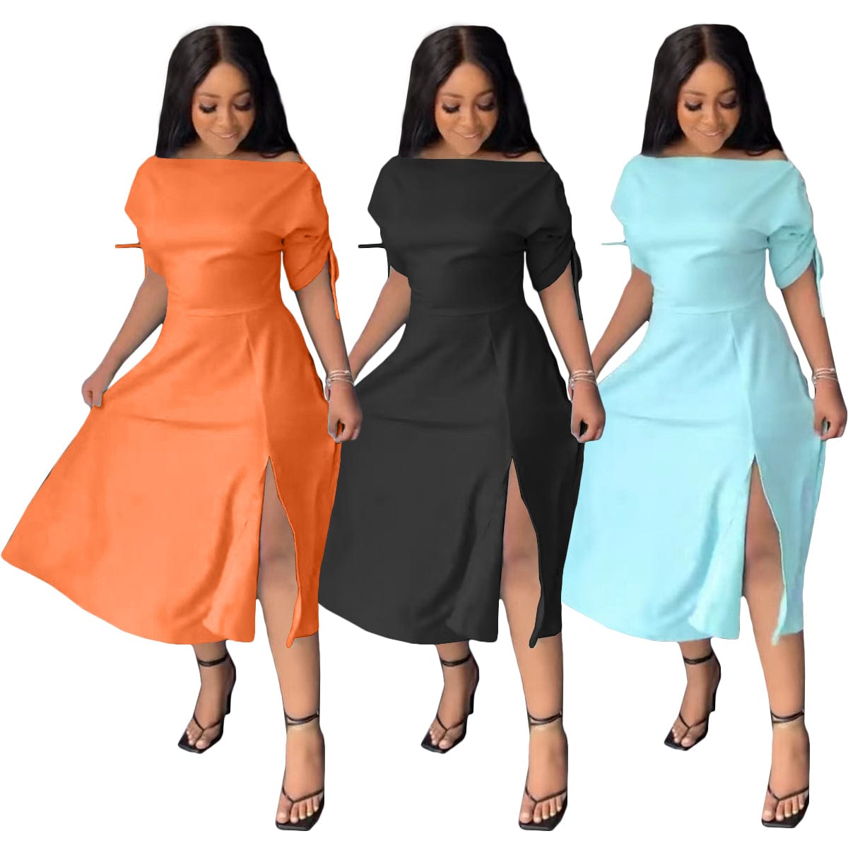 Black Solid Color Off Shoulder Split Swing Dresses