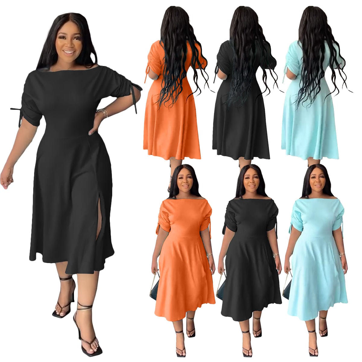 Black Solid Color Off Shoulder Split Swing Dresses