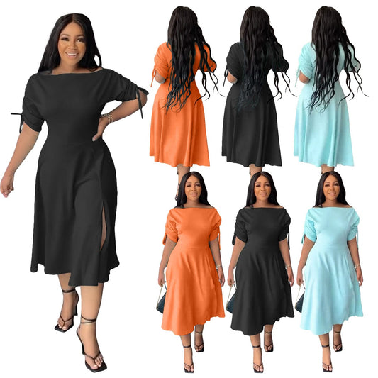 Black Solid Color Off Shoulder Split Swing Dresses