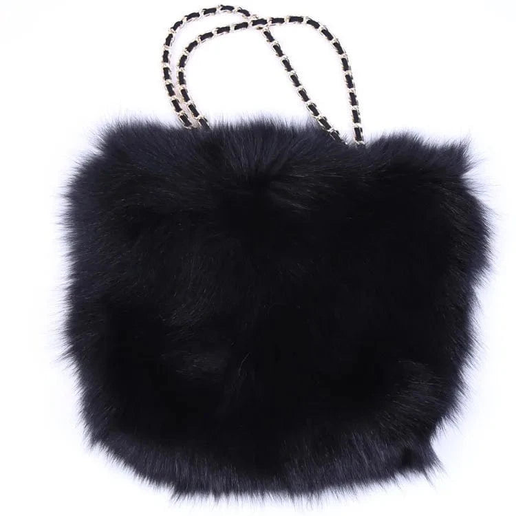 Black Stocking Bag Small Fluffy Skull Charm Silver Shoulder Shopping Real Fur Handbag