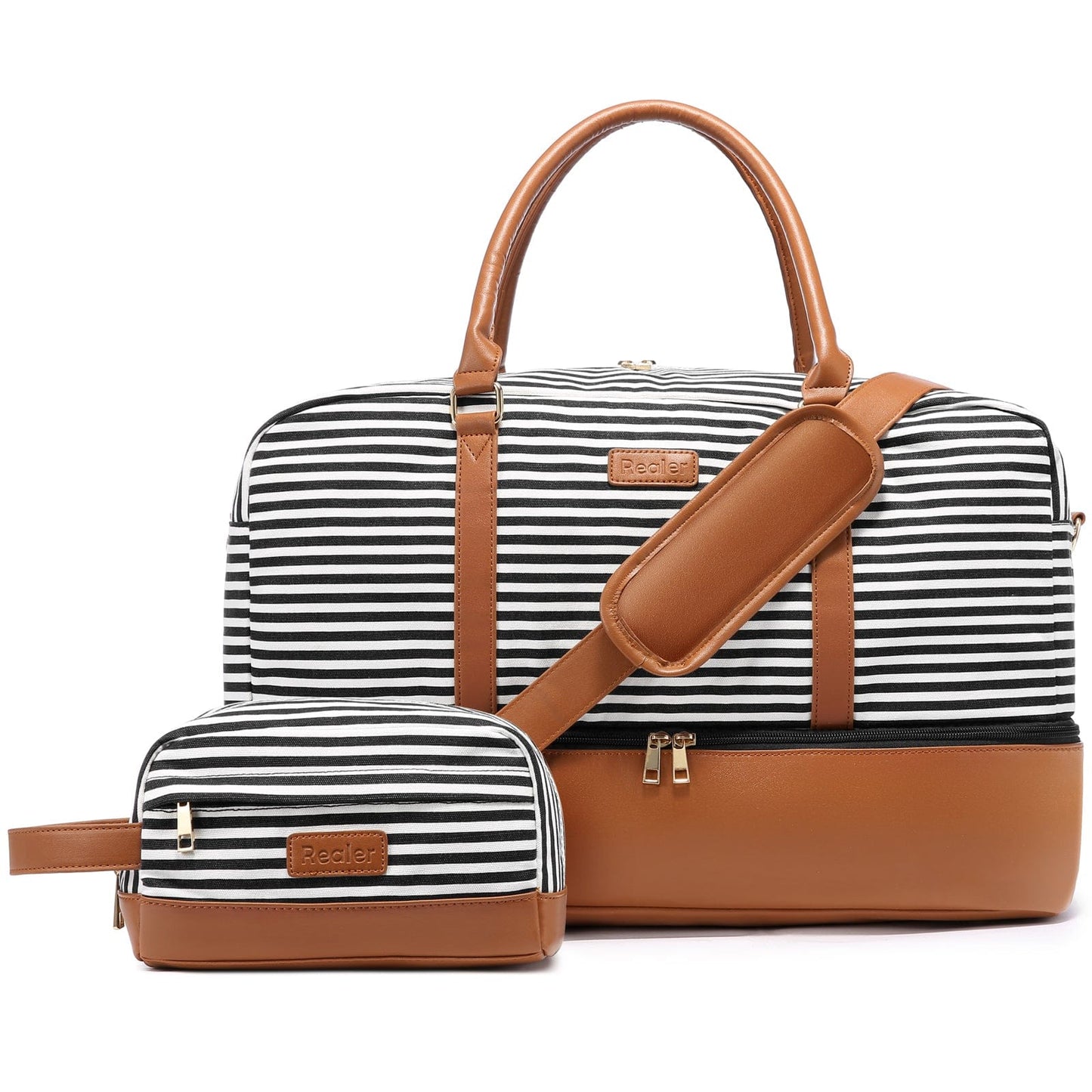 black strip-VYUB1785RE01L Wholesale custom low moq vintage canvas PU leather trim tote crossbody shoulder bag women weekend duffel travel bags