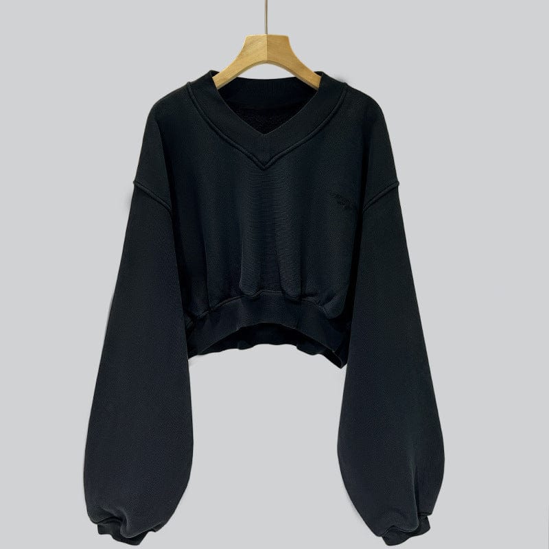 Black sweater women's thin loose loose 2023 spring and autumn all-match high-waisted navel-exposed short long-sleeved top