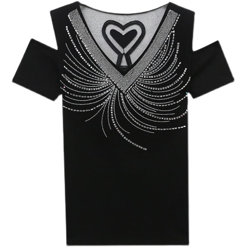 Black T-Shirt Women New Handmade Diamonds Beading V-neck Off-shoulder Slim Stretchy Women Tops Tees Short Sleeve Summer T25609