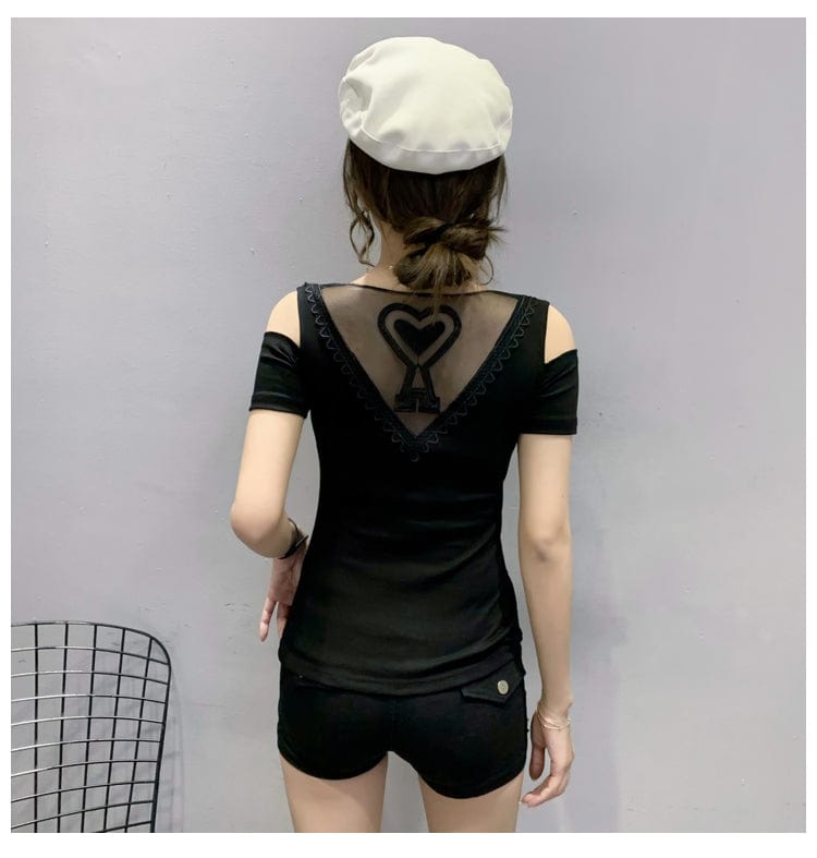 Black T-Shirt Women New Handmade Diamonds Beading V-neck Off-shoulder Slim Stretchy Women Tops Tees Short Sleeve Summer T25609