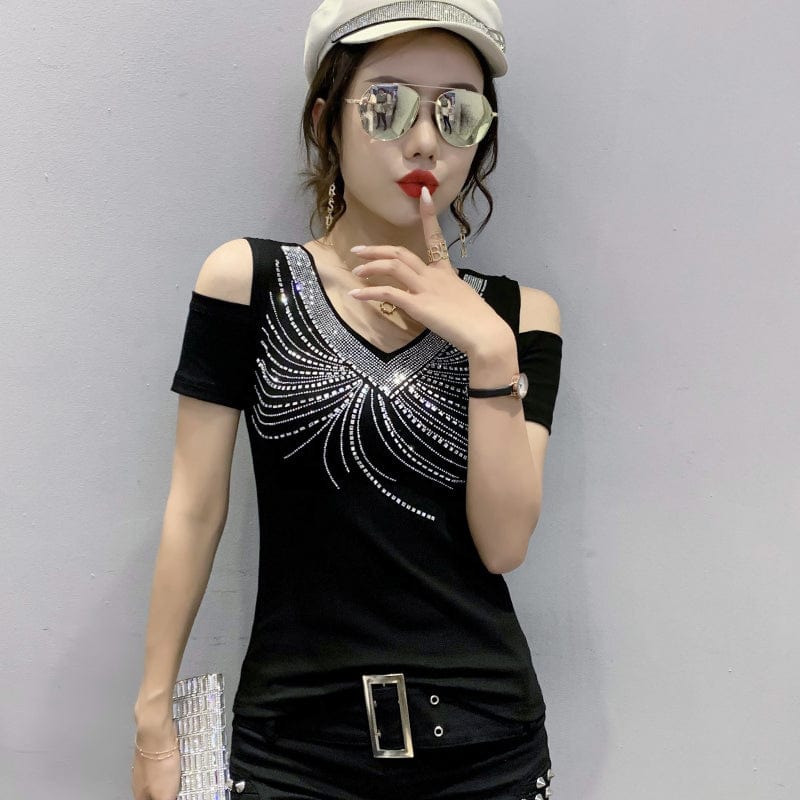 Black T-Shirt Women New Handmade Diamonds Beading V-neck Off-shoulder Slim Stretchy Women Tops Tees Short Sleeve Summer T25609