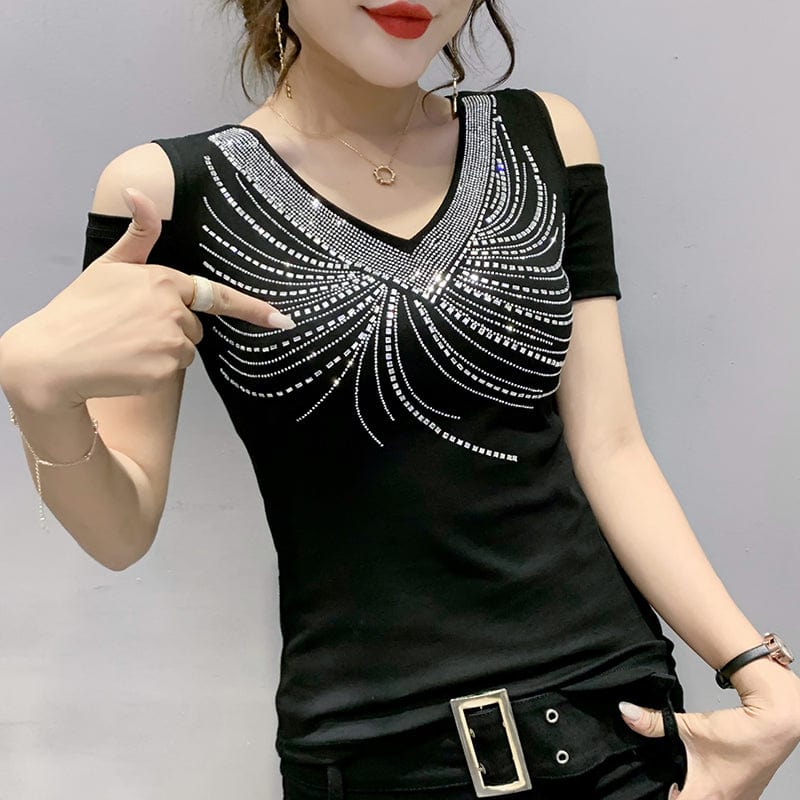 Black T-Shirt Women New Handmade Diamonds Beading V-neck Off-shoulder Slim Stretchy Women Tops Tees Short Sleeve Summer T25609