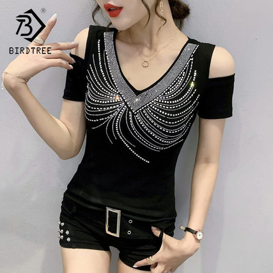 Black T-Shirt Women New Handmade Diamonds Beading V-neck Off-shoulder Slim Stretchy Women Tops Tees Short Sleeve Summer T25609