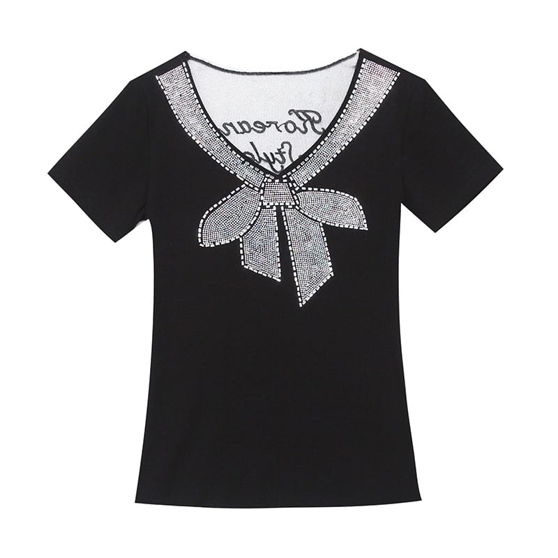Black T-Shirt Women New V-neck Handmade Diamonds Beading Bow Sexy Transparent Back Women Tops Tees Short Sleeve Summer T25601