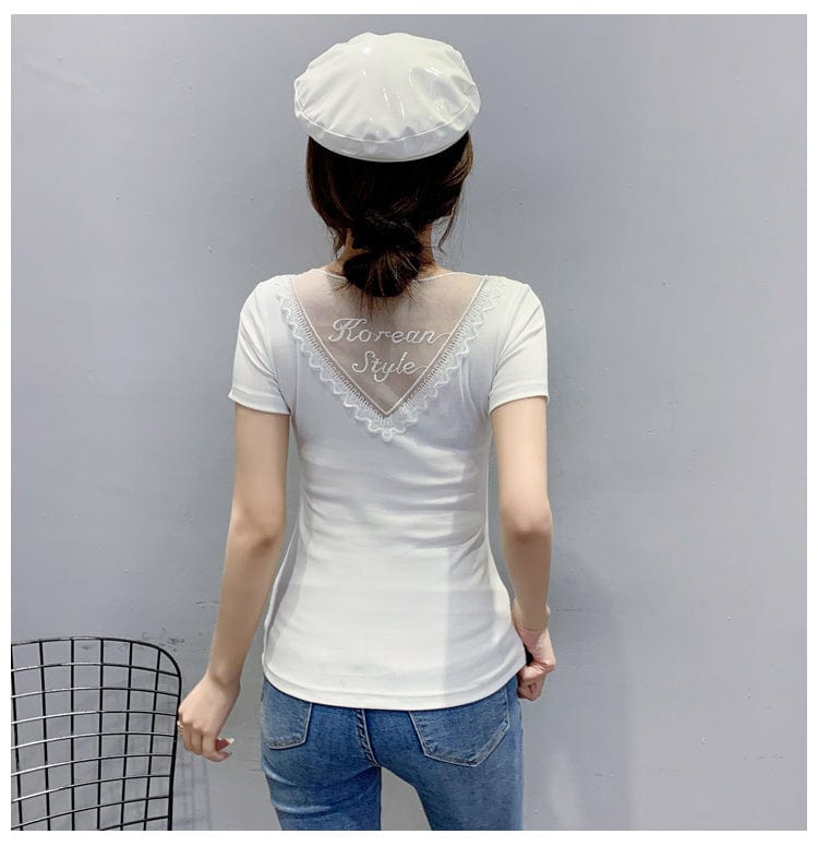 Black T-Shirt Women New V-neck Handmade Diamonds Beading Bow Sexy Transparent Back Women Tops Tees Short Sleeve Summer T25601
