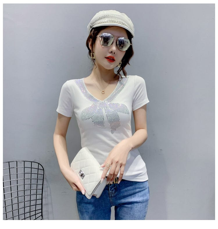 Black T-Shirt Women New V-neck Handmade Diamonds Beading Bow Sexy Transparent Back Women Tops Tees Short Sleeve Summer T25601