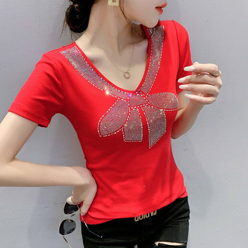 Black T-Shirt Women New V-neck Handmade Diamonds Beading Bow Sexy Transparent Back Women Tops Tees Short Sleeve Summer T25601