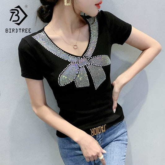 Black T-Shirt Women New V-neck Handmade Diamonds Beading Bow Sexy Transparent Back Women Tops Tees Short Sleeve Summer T25601
