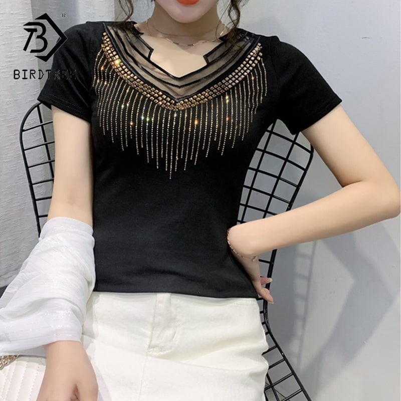 Black T-Shirt Women New V-neck Handmade Diamonds Beading Rivet Mesh Transparent Sexy Women Tops Tees Short Sleeve Summer T25504
