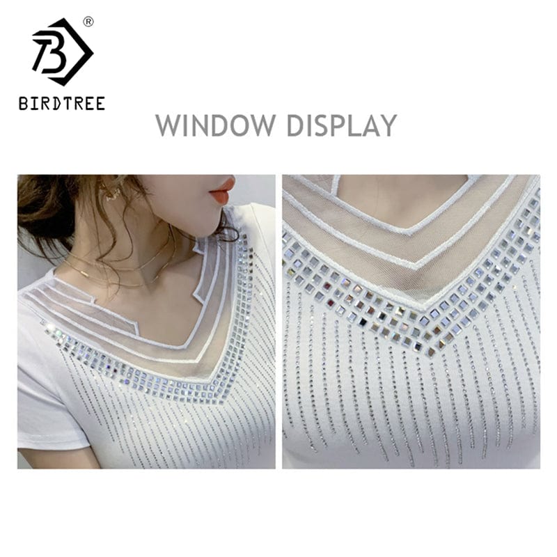 Black T-Shirt Women New V-neck Handmade Diamonds Beading Rivet Mesh Transparent Sexy Women Tops Tees Short Sleeve Summer T25504