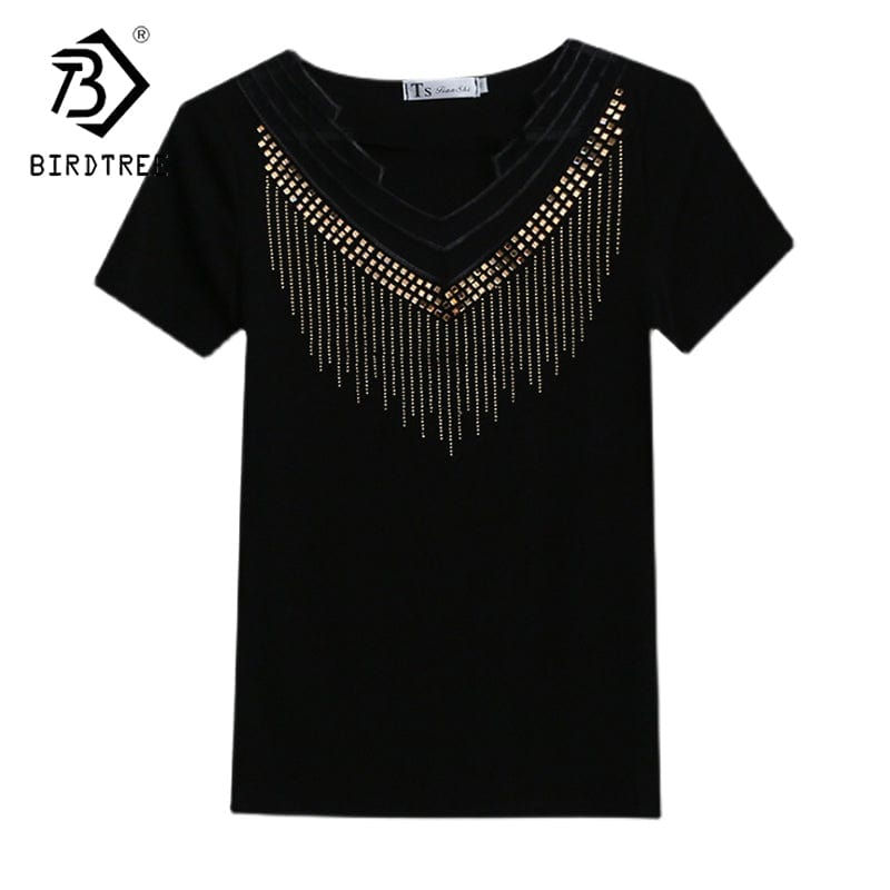 Black T-Shirt Women New V-neck Handmade Diamonds Beading Rivet Mesh Transparent Sexy Women Tops Tees Short Sleeve Summer T25504