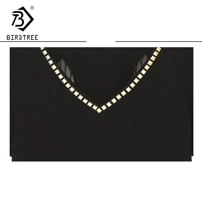 Black T-Shirt Women New V-neck Handmade Rivet Beading Sexy Transparent Back Wings Women Tops Tees Short Sleeve Summer T25908