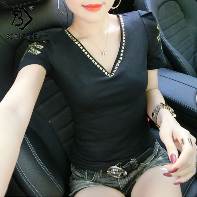 Black T-Shirt Women New V-neck Handmade Rivet Beading Sexy Transparent Back Wings Women Tops Tees Short Sleeve Summer T25908