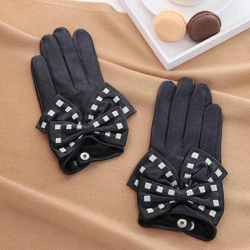 Black white dot Fashion girls touchscreen bow leather yellow sheepskin gloves