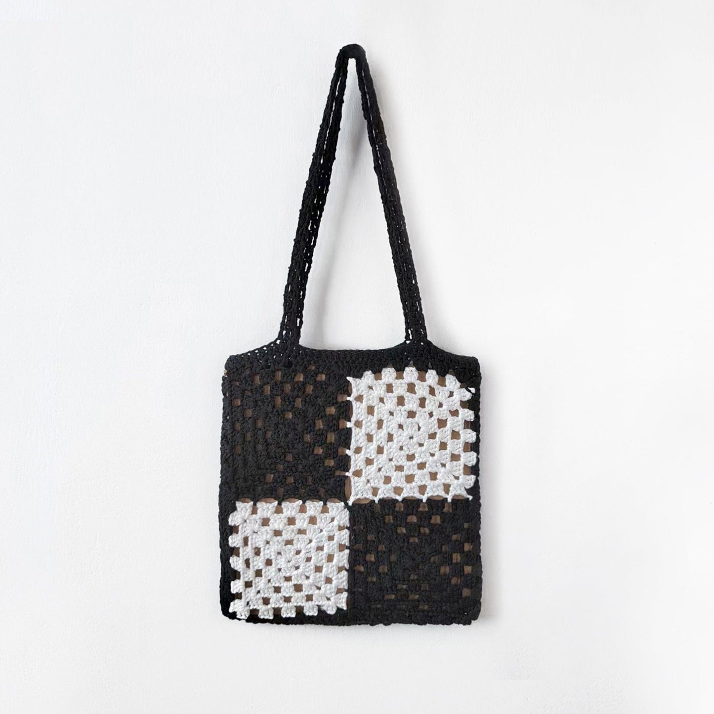 Black+white Factory Supply Hand Made Crochet Color Block Shoulder Tote Bag Shopping Handbag